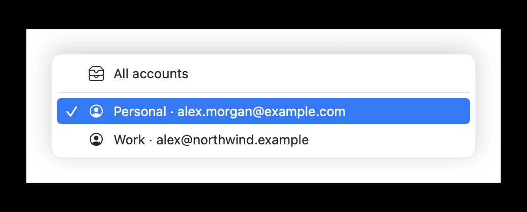 The account menu, open: All accounts, Personal (chosen) and Work.