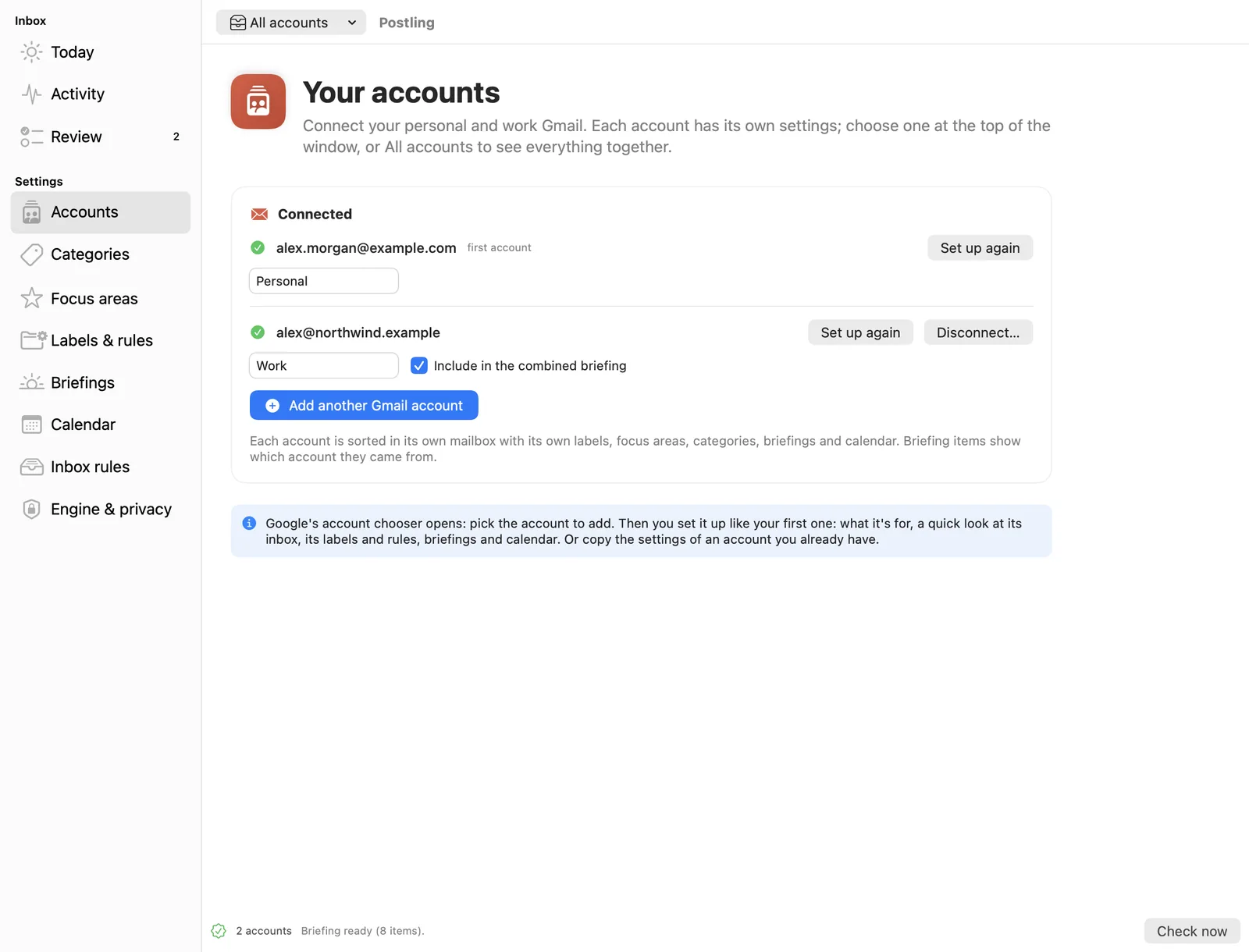 Accounts: a personal and a work account, each with Set up again; the work account is included in the combined briefing.