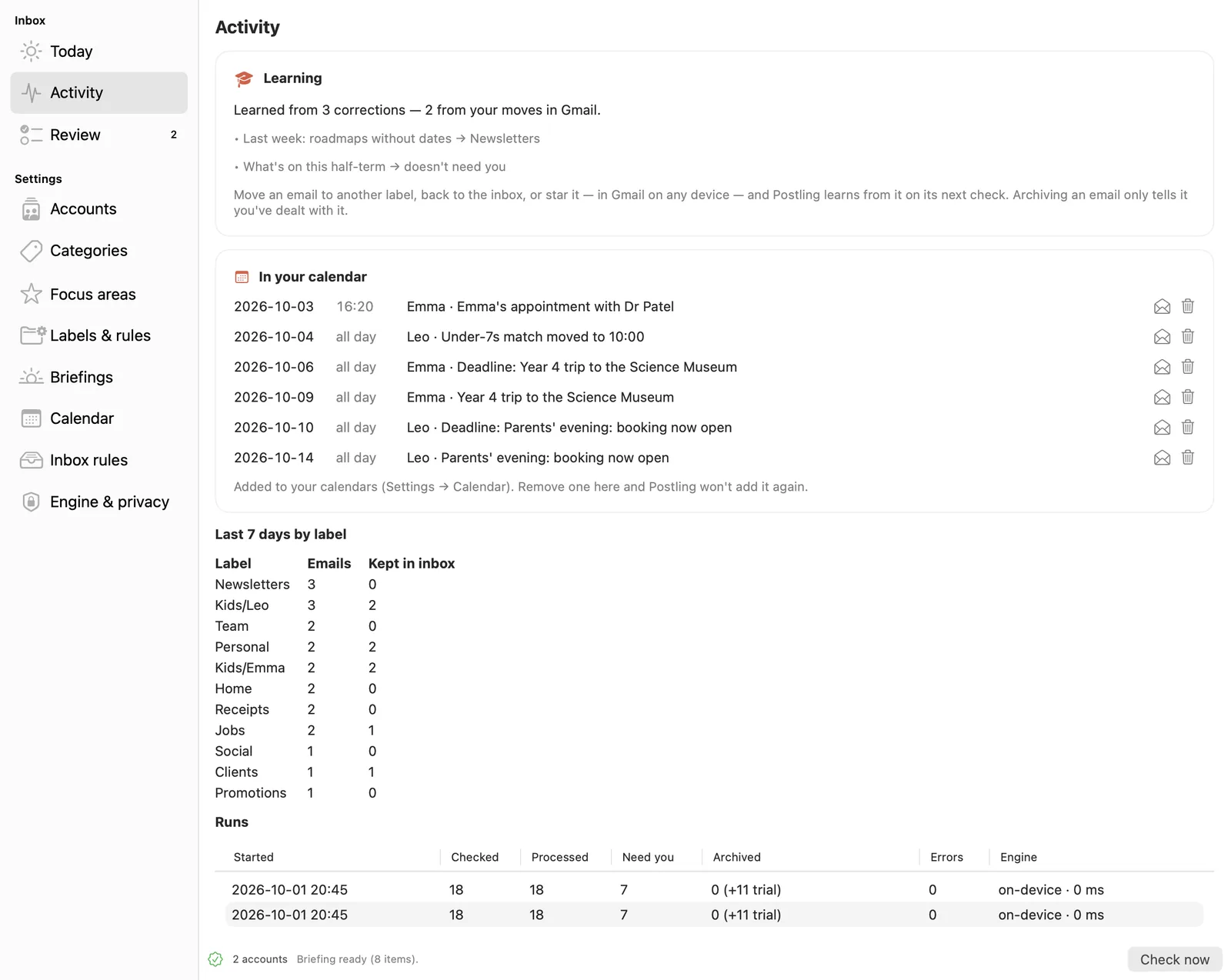 Activity: learning, dates added to the calendar, counts by label and recent runs.