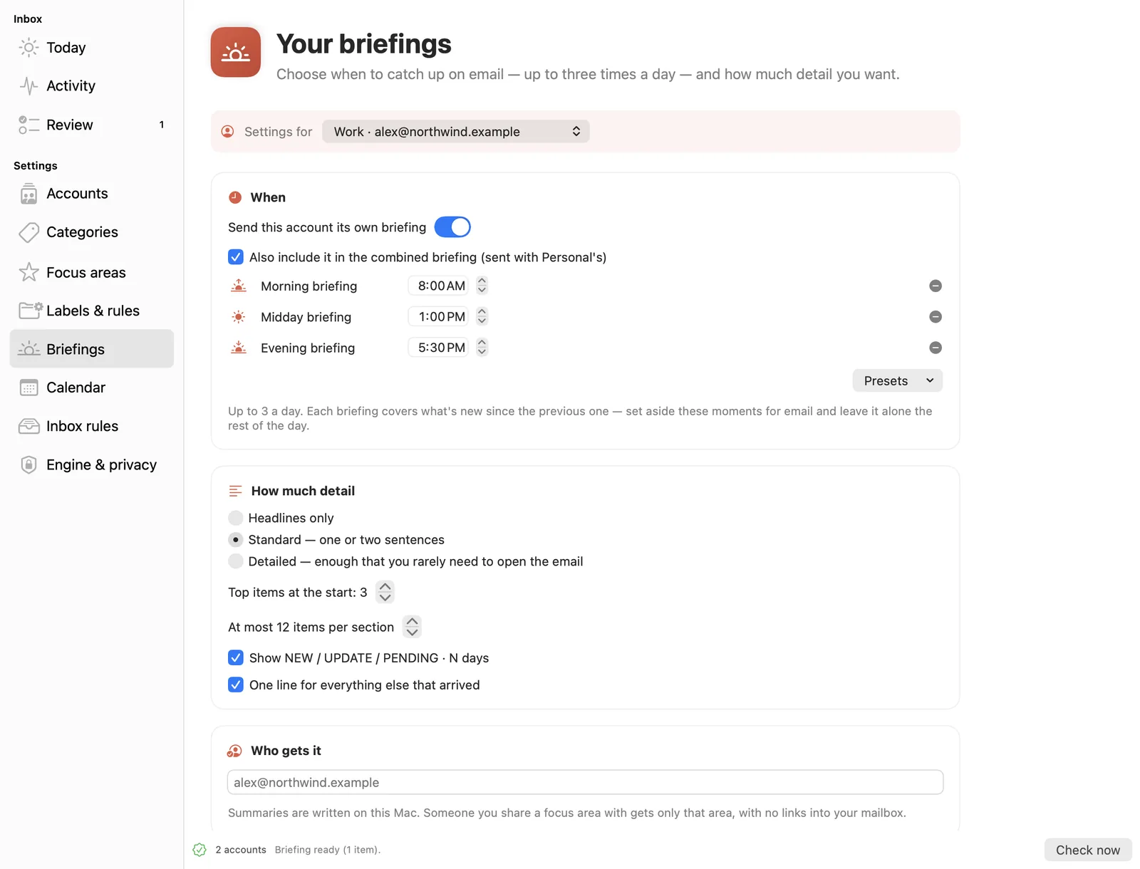 Briefing settings for the Work account: its own briefing at 8:00, 13:00 and 17:30, also included in the combined briefing.