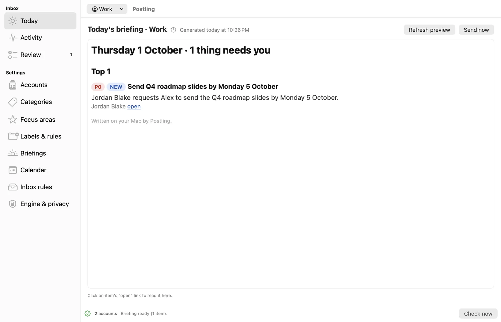 Today's briefing for the Work account only.