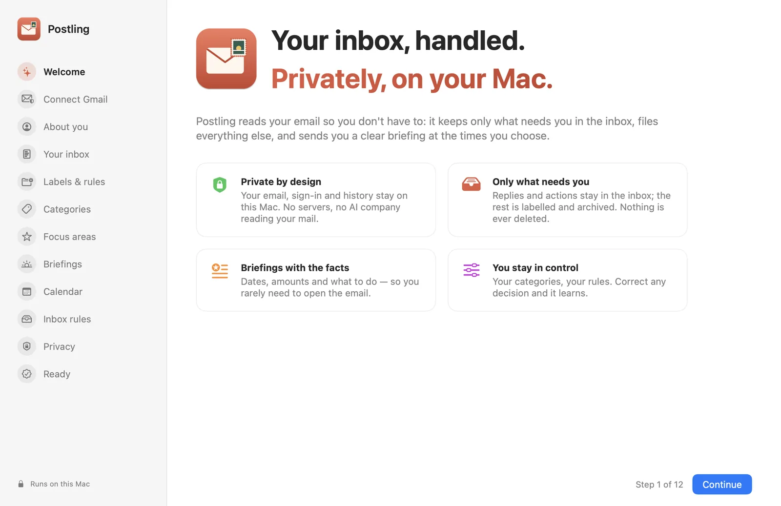 Postling's welcome screen: Your inbox, handled. Privately, on your Mac.