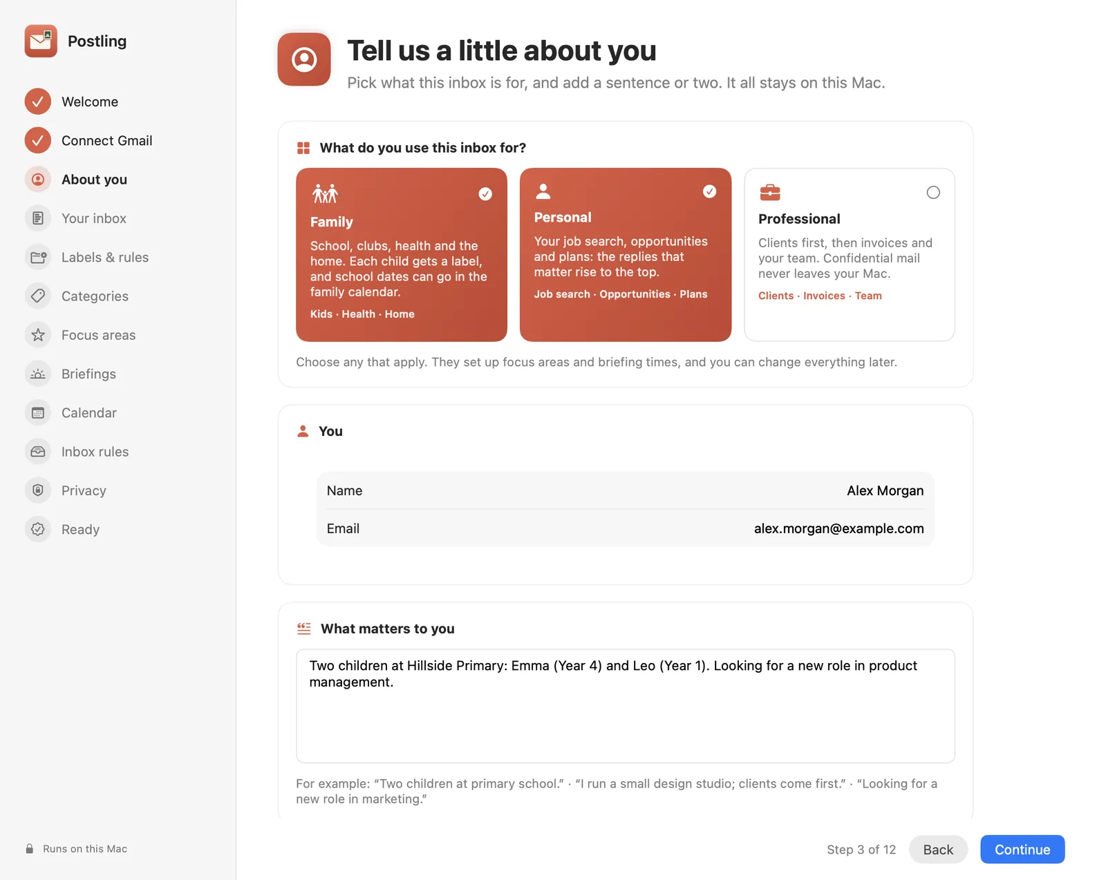 About you: Family and Personal selected, name, email and a short description.