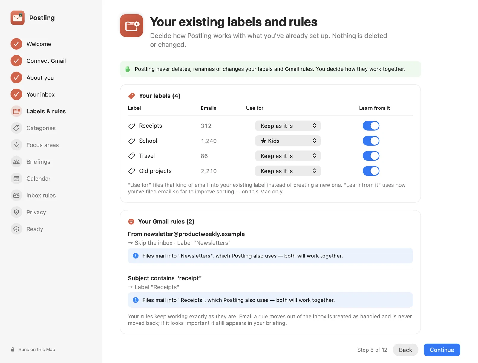 Existing labels with Use for and Learn from it, and two existing Gmail rules.