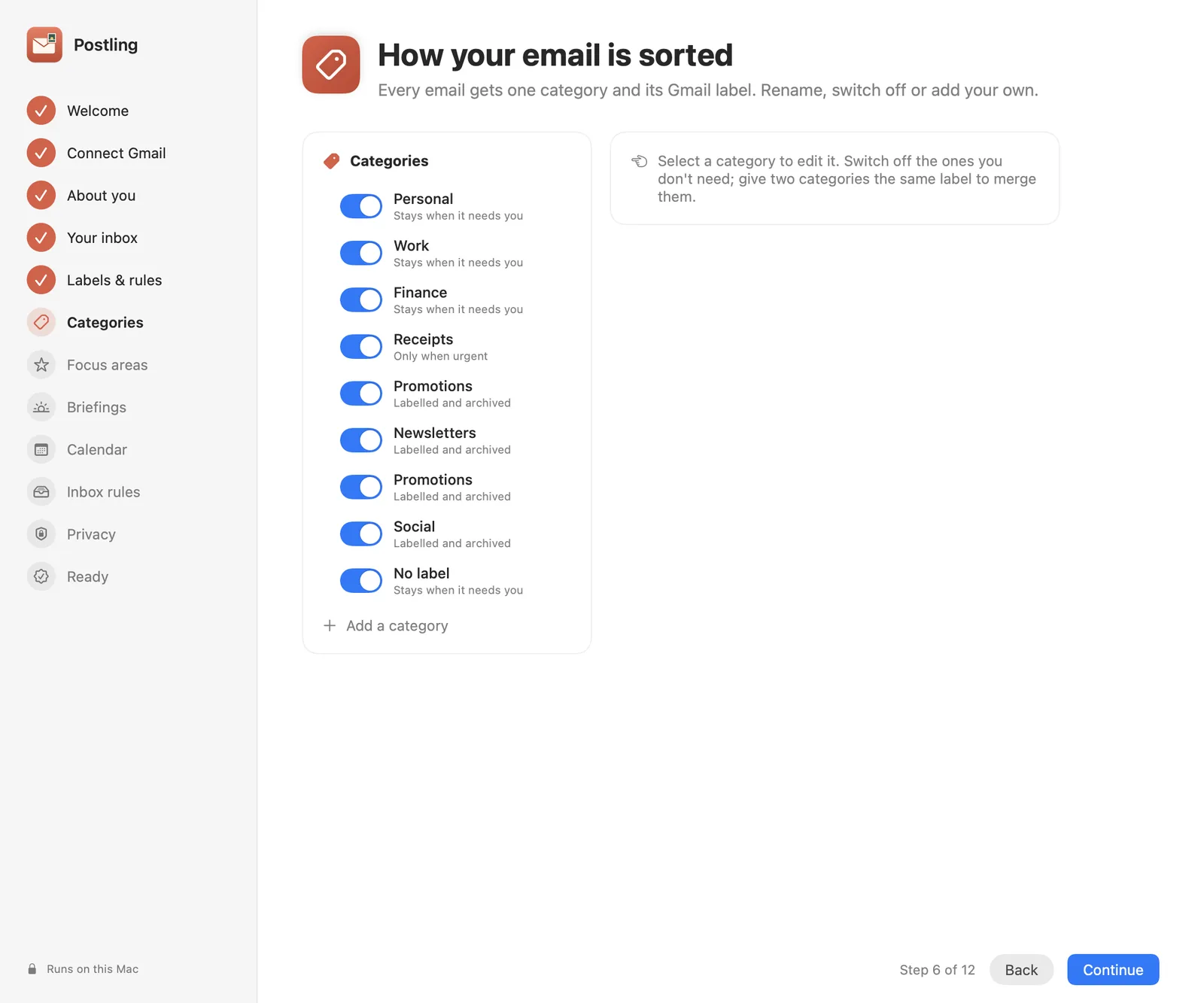 The list of categories with switches.