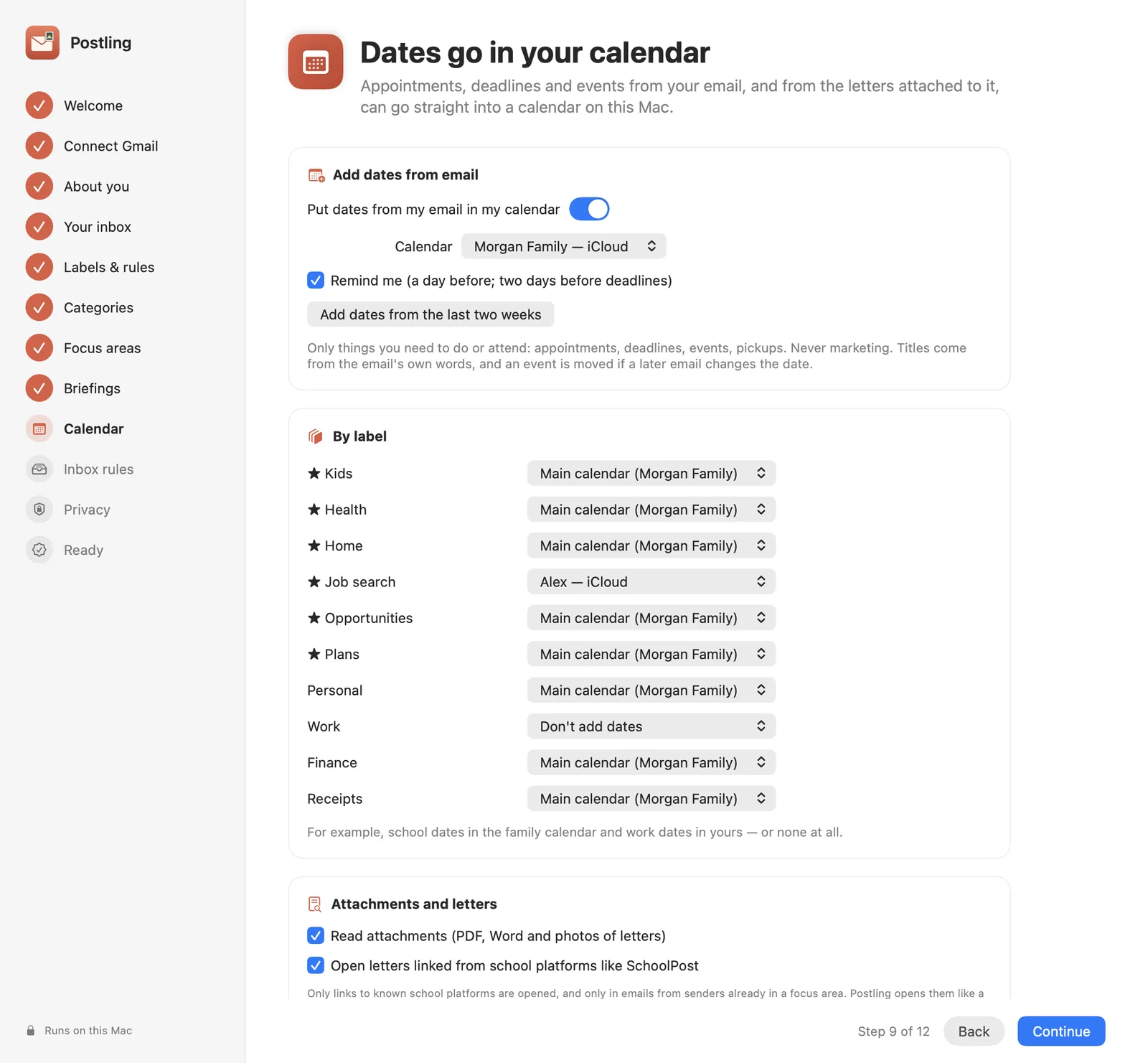 Calendar settings: main calendar Morgan Family, a calendar per label, reminders.