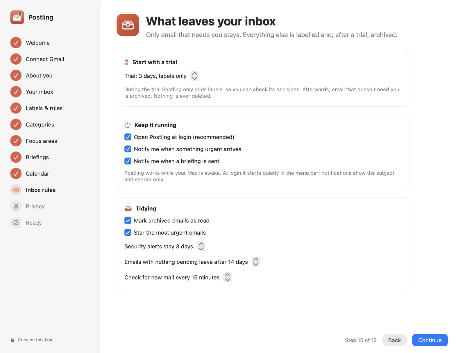 Inbox rules: a 3-day trial, open at login, notifications and tidying options.