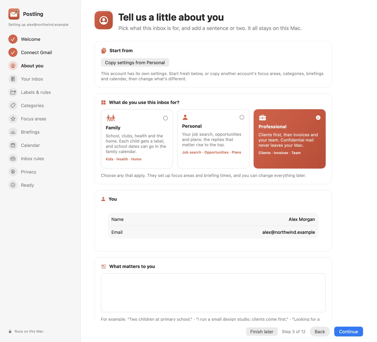 Setting up the work account: Start from (copy settings from Personal), and Professional chosen.